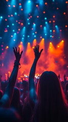 Crowd at a concert, with raised hands, vibrant lighting, and colorful, illuminated stage in the background