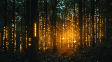 Obraz premium A mystical forest illuminated by glowing vertical lights during sunset.