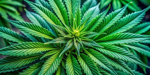 Obraz premium A vibrant, detailed close-up of a lush bunch of green marijuana leaves, showcasing trichomes and veins, ideal for illustrating cannabis culture and medicinal use.