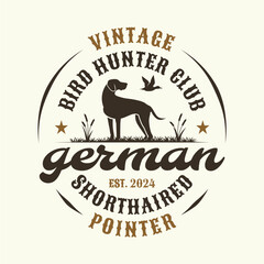 Shorthaired Pointer Bird Hunter Dog Club Logo Design. Hunting Dog Emblem