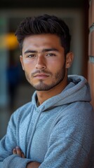 Obraz premium Young man with short dark hair and a beard, wearing a gray hoodie, stands against a wall, looking serious