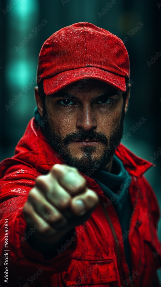 Poster Man wearing a red cap and red jacket is extending his fist towards the camera with a determined expression