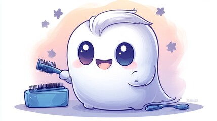 Cute, round ghost with purple stars holds a hairbrush, smiling happily, next to a blue hairbrush holder