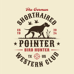 Shorthaired Pointer Bird Hunter Dog Club Logo Design. Hunting Dog Emblem