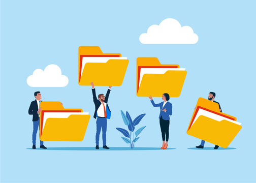 Business people with folders. Arrange online data, paperwork concept, file management, organize document files into archive folders. Modern vector illustration in flat style