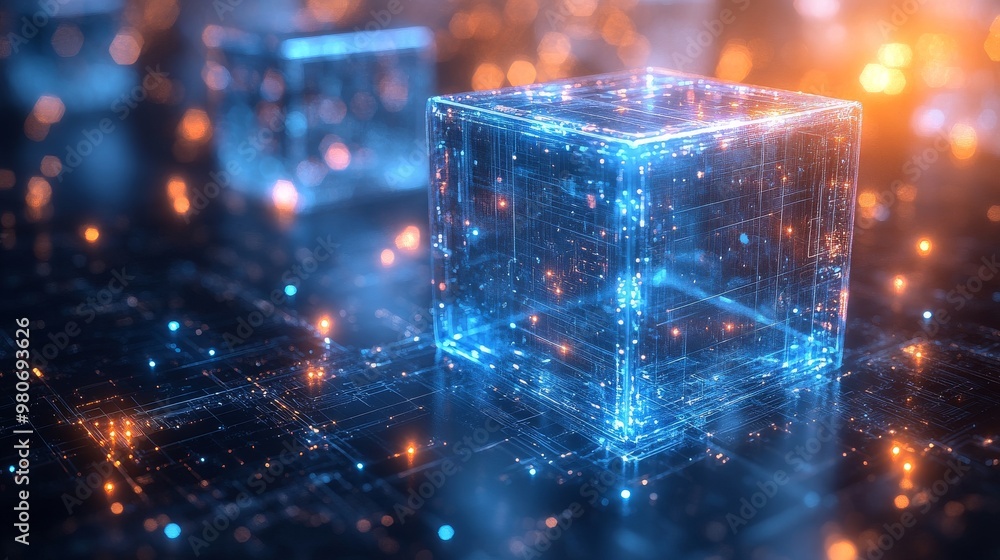 Poster glowing, transparent cube surrounded by a network of digital lines and particles in a futuristic set