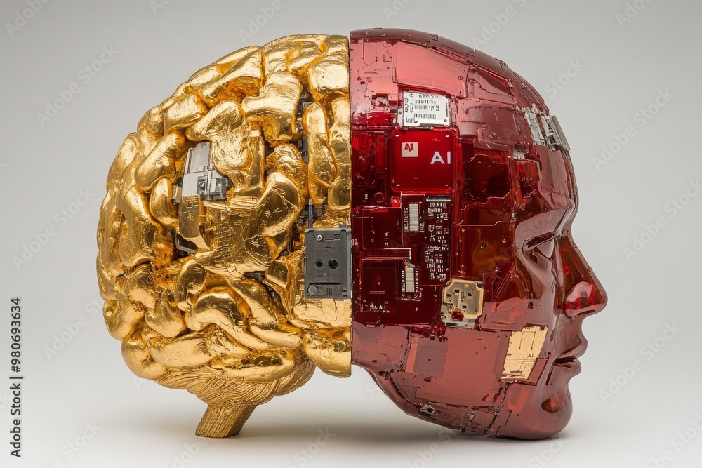 Poster abstract human head with circuit board elements symbolizing the convergence of biology and technolog