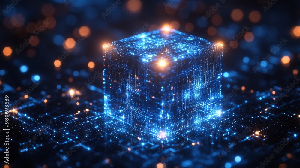 Poster glowing, blue, holographic cube surrounded by a digital grid with lights and intricate patterns agai