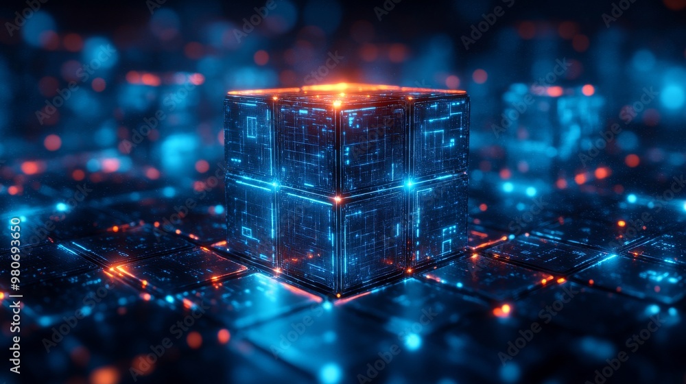 Poster glowing cube with complex circuitry, surrounded by other similar cubes in a futuristic digital envir