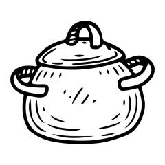 Saucepan hand drawn doodle. Cookware for cooking. Bowl with lid and handles. Tableware. Kitchen utensils. Household kitchen equipment. Vector sketch line art illustration.