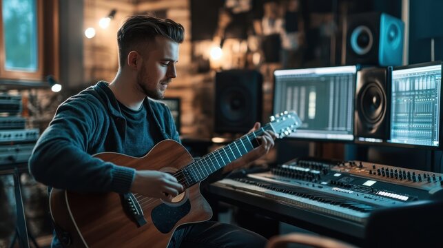 Musicians producing music in professional recording studio