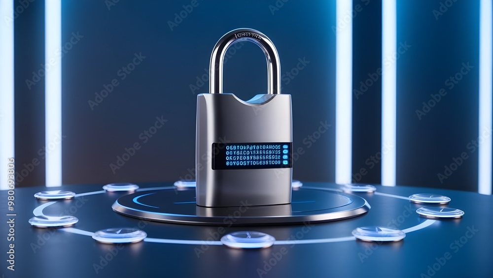 Poster futuristic digital lock with blue code display, symbolizing security and technology innovation