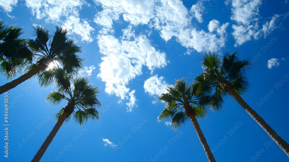 Wall mural Palm trees silhouetted against a bright blue sky with scattered clouds  -