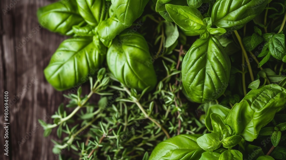 Wall mural close-up of fresh basil and thyme herbs