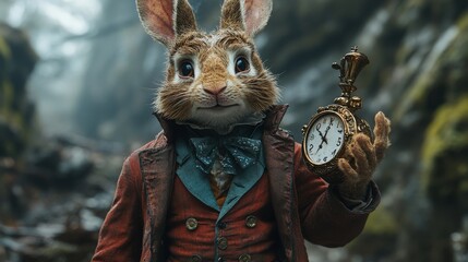 Well-dressed rabbit holding a vintage pocket watch stands in a misty forest, looking straight ahead with a serious expression