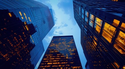 Stunning City Twilight Scene Highlighting Skyscrapers Bathed in Beautiful Golden Light for Urban Landscape Projects