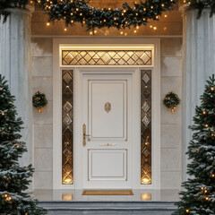 Luxury House Front Door with Glass Framing and Christmas Decorations, Beautiful Festive Entrance, Modern and Elegant Door, Winter time, Mockup