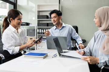 Business meeting account managers crew working search page on computer with new startup project. Idea presentation, analyze plans.
