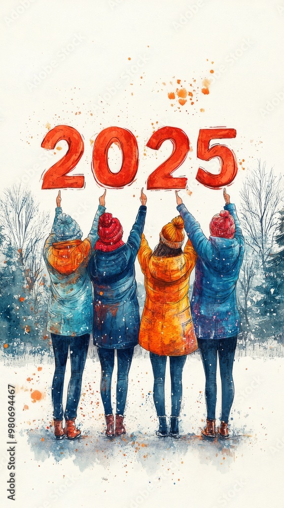 Poster four people standing in winter attire hold large red numbers forming 2025 against a snowy background