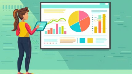 Businesswoman giving a presentation with charts and graphs on a large screen in a conference room cartoon Vector Illustration