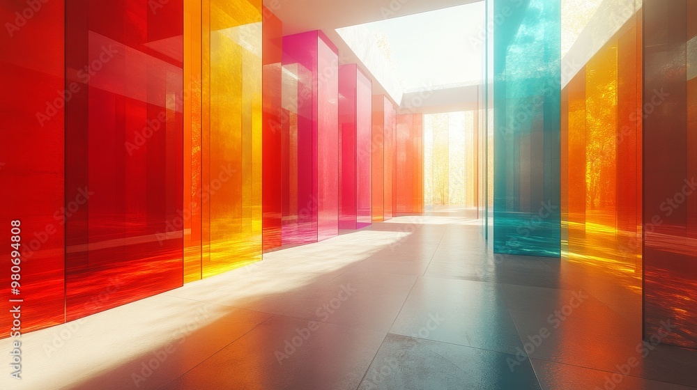 Poster this image features a modern architectural space with vibrant, translucent colored panels creating a