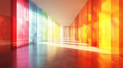 Hallway with colorful, translucent panels on both sides, casting vibrant shadows on the floor