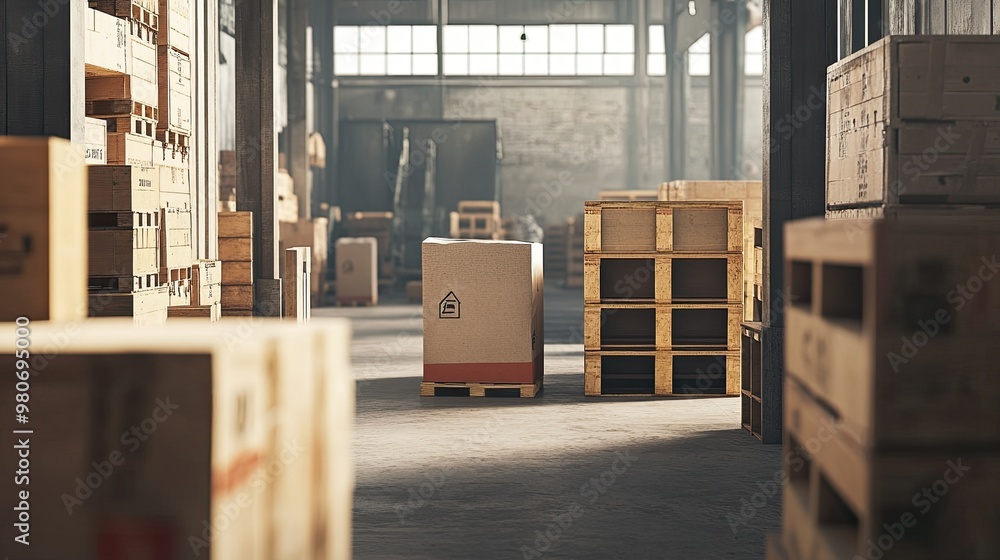 Poster crates and boxes in a loading bay, with room for shipping or logistics text.