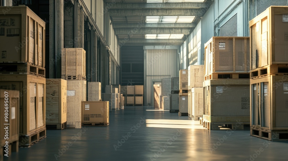 Poster crates and boxes in a loading bay, with room for shipping or logistics text.