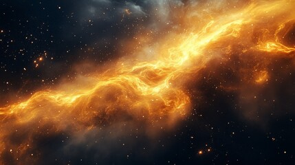 This image showcases a luminous, swirling nebula with bright, fiery colors in a vast, star-filled expanse of outer space