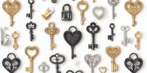 Ornate keys and padlocks in gold, silver, and black.