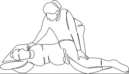 One continuous single drawing line art flat doodle exercises, horizontal, osteopath, women, doctor, instructor, pregnant, adult. Isolated image hand draw contour on a white background
