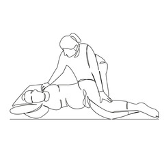 One continuous single drawing line art flat doodle exercises, horizontal, osteopath, women, doctor, instructor, pregnant, adult. Isolated image hand draw contour on a white background
