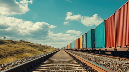 Fototapeta premium Freight train loaded with shipping containers, with copy space for logistics messaging.