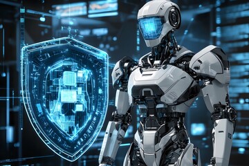 Fototapeta premium robot with a shield on information security defense, cybersecurity