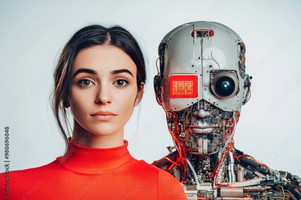 Poster woman with robotic companion highlighting the relationship between human intellect and artificial in