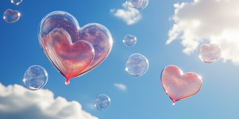Heart-shaped bubbles float against a blue sky.