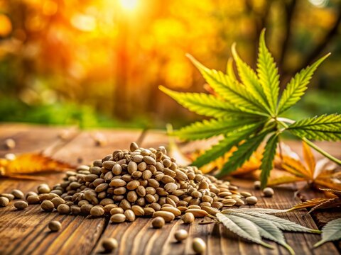 Close-up shot of numerous cannabis seeds scattered on a wooden table, surrounded by fallen leaves and stems, with a blurred green background and warm natural light.