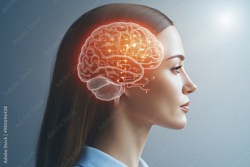 Poster womans profile with illuminated brain symbolizing human cognitive enhancement and the role of artifi