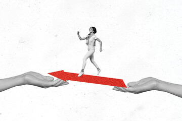 Fototapeta premium Composite photo collage of happy businesswoman run arrow development success career growth progress isolated on painted background