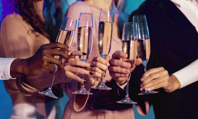 Corporate New Year Celebration. Unrecognizable People Clinking Glasses Celebrating Holiday In Fancy...