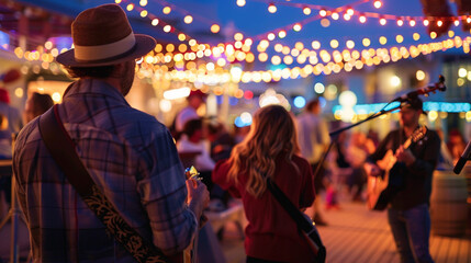 A medium close-up of passengers enjoying a live music performance in the cruise linerâs outdoor entertainment area, with twinkling lights overhead.