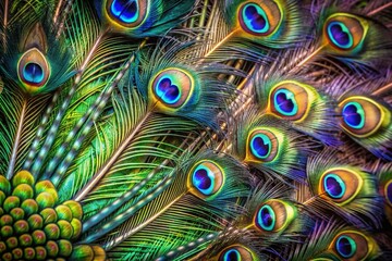 Vibrant peacock feathers in stunning close-up, showcasing intricate patterns and iridescent colors, adding an extravagant touch to any setting with their exquisite beauty.