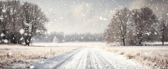 Obraz premium Winter countryside with snow-covered path through bare trees. Background for holiday cards or winter-themed designs