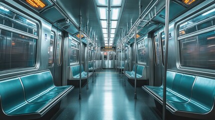 Obraz premium A spacious subway train interior with empty seats and modern lighting.