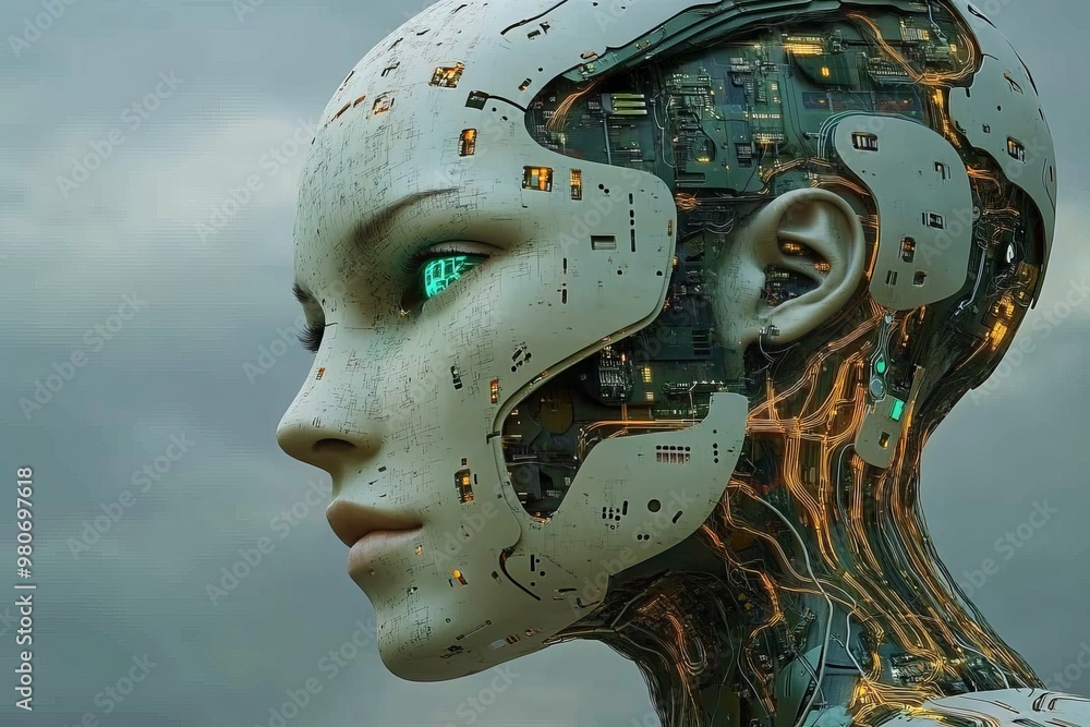 Poster advanced female humanoid robot with intricate facial circuits representing the integration of artifi