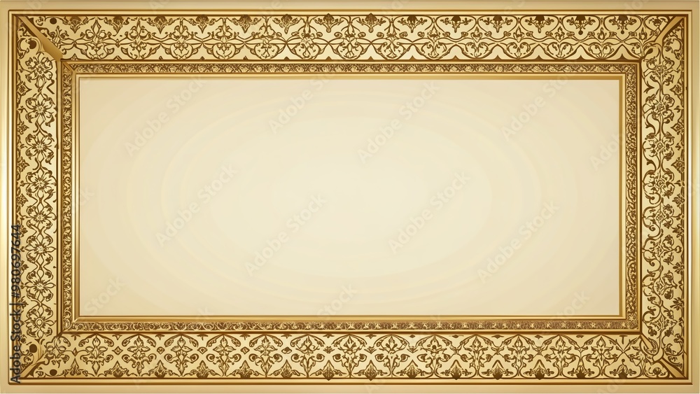Poster rectangle vintage gold frame for web presentation double line horizontal border in oriental style fo