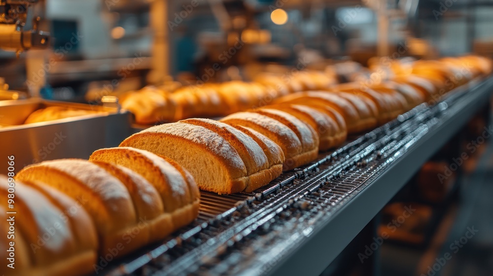 Poster mockup banner showcasing modern technology in bakery production with an automated packaging line at 