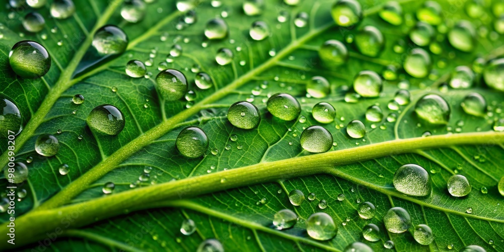 Poster macro shot of a single large green leaf with tiny water droplets glistening on its surface, creating