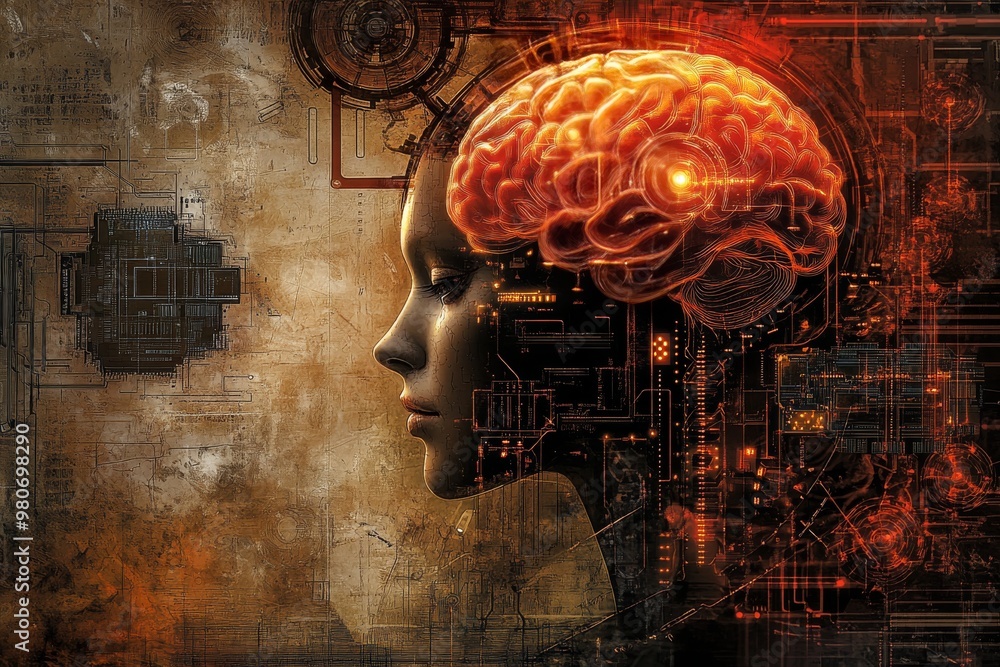 Poster rusted female head with exposed brain and mechanical components symbolizing the aging of artificial 