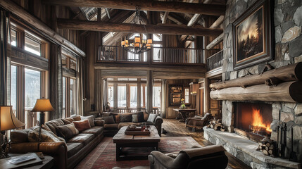 Rustic interiors with wood-paneled walls, stone fireplaces, and cozy textiles, creating a warm and inviting mountain cabin atmosphere.  Canadian Cabin Retreat interior design 